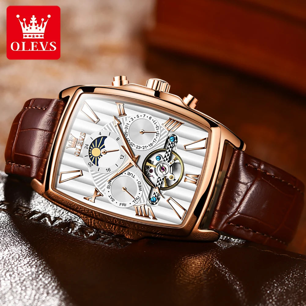 OLEVS 6675 Mens Watch Flywheel Multifunctional Chronograph Mechanical Watch Leather Strap Square Watches For Man High Quality
