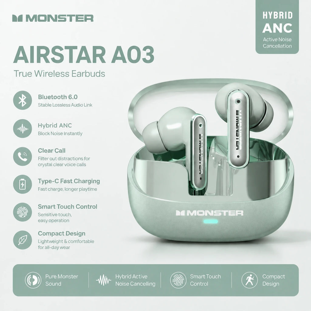 Monster A03 ANC Earbuds Bluetooth 6.0 Active Noise Cancelling Headphones Powerful Deep Bass Sport TWS Wireless Earphone with Mic