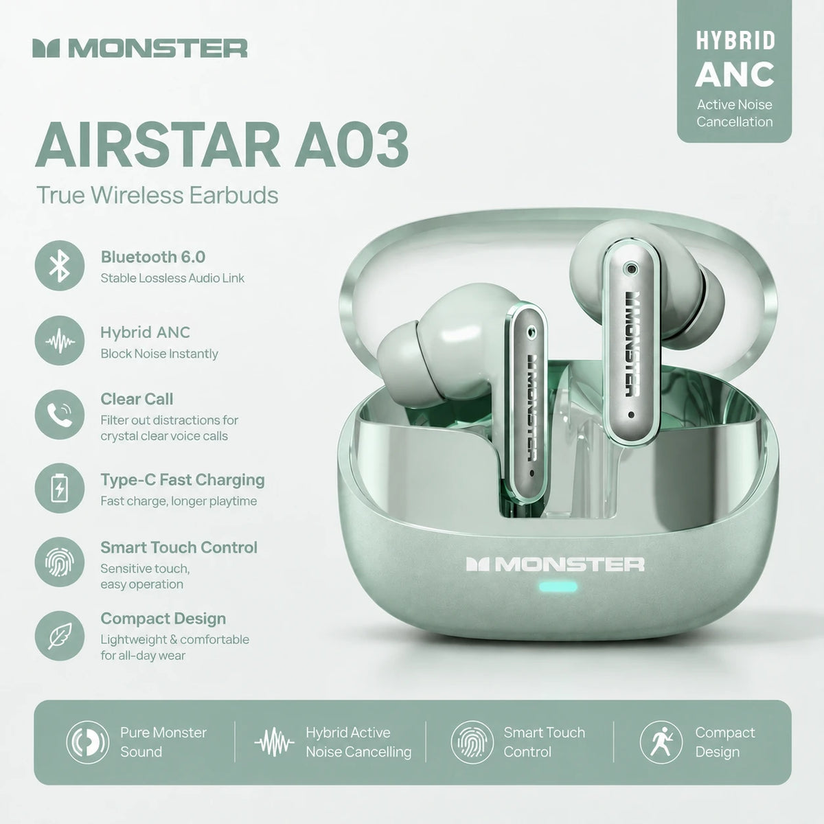 Monster A03 ANC Earbuds Bluetooth 6.0 Active Noise Cancelling Headphones Powerful Deep Bass Sport TWS Wireless Earphone with Mic