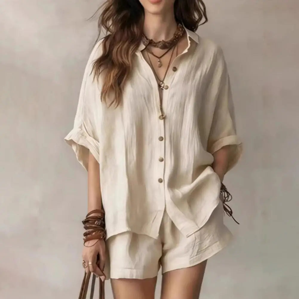 Fashion Loose Print 2 Piece Sets Women Outfit 2026 Casual Short Sleeve Shirt With High Waist Shorts Set Female Homewear