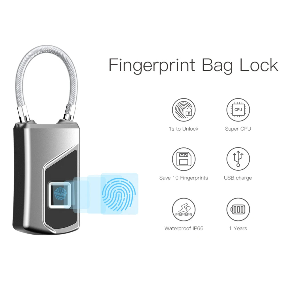Intelligent Fingerprint Lock Portable Keyless Fingerprint Padlock Waterproof USB Rechargeable for Door Suitcase Backpack Locks