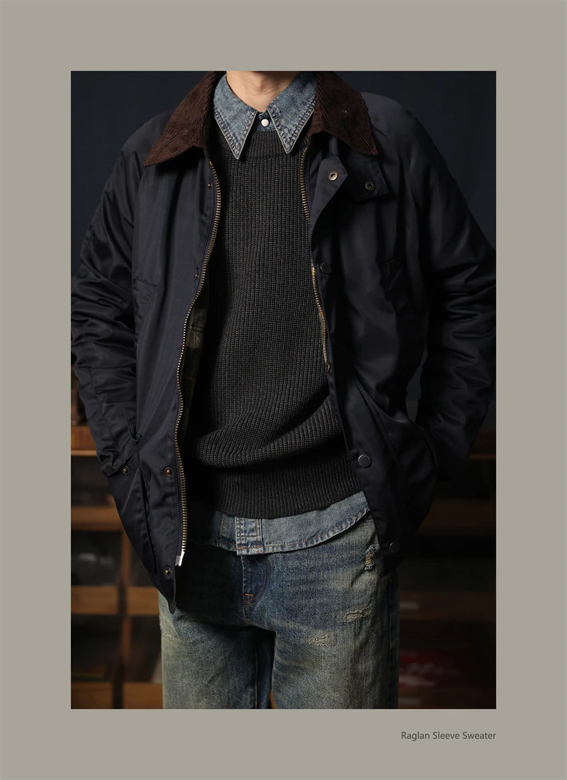 Classic Raglan Sleeve Crewneck Sweater Vintage Style Men's Wool Blend Knitted Pullover Jumper Thick