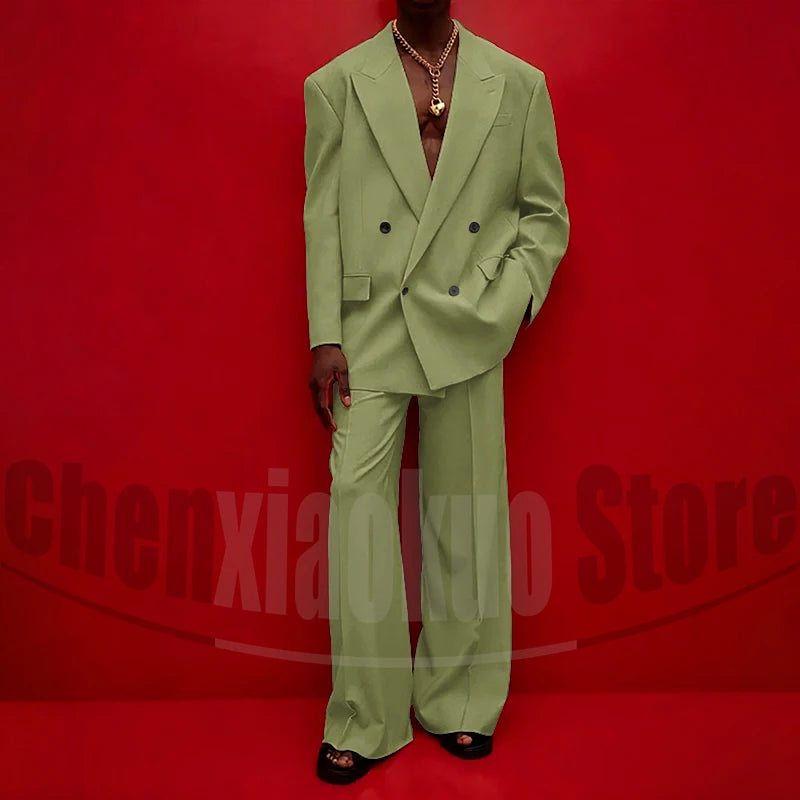 Men's Double Breasted Suit Set Oversized Blazer and Wide-Leg Trousers Fashion Casual Formal Outfits for Streetwear Party