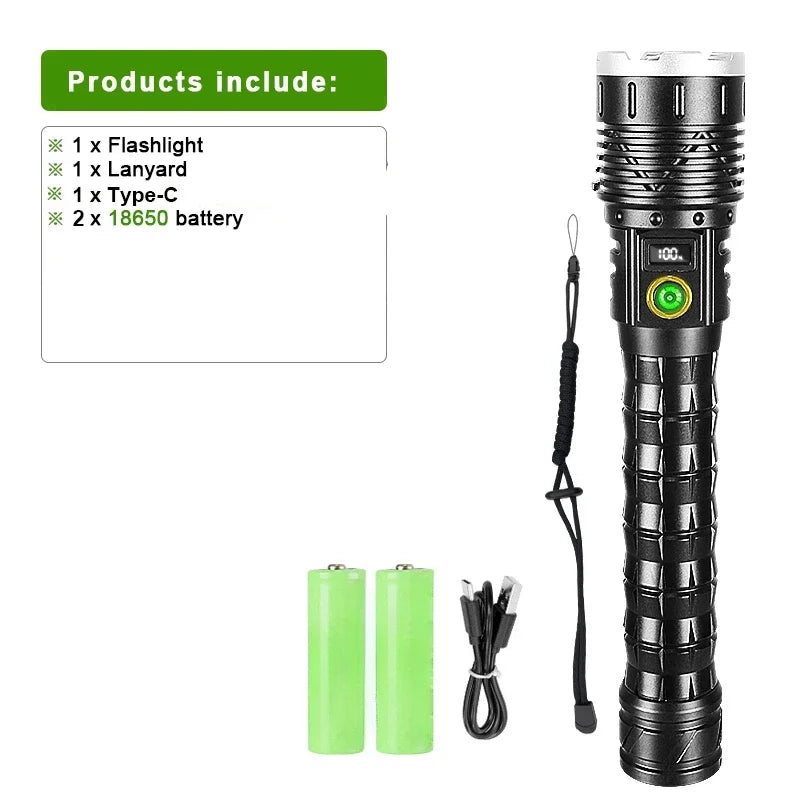 10000000lm Most Powerful Led Flashlight Rechargeable Type-c Flashlight Long Range 2000m Tactical Torch Light For Camping Hunting