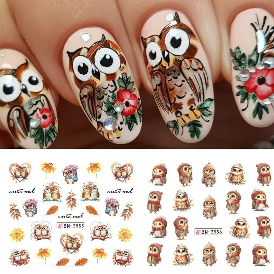 12Design Autumn Animal Nail Art Water Sticker Cartoon Owl Squirrel Fox Hedgehog Transfer Slider Fall Theme Fruits Manicure Decor