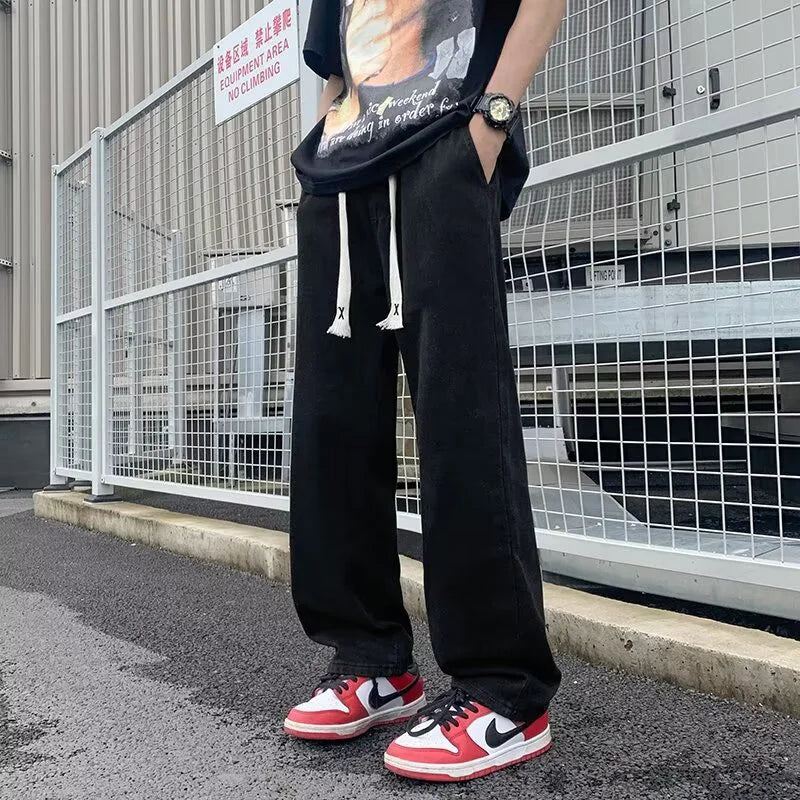 Black Vintage Men Jeans Spring Trend Straight Elastic Waist Wide Leg Denim Pants Male Daily High Street Comfortable Trousers