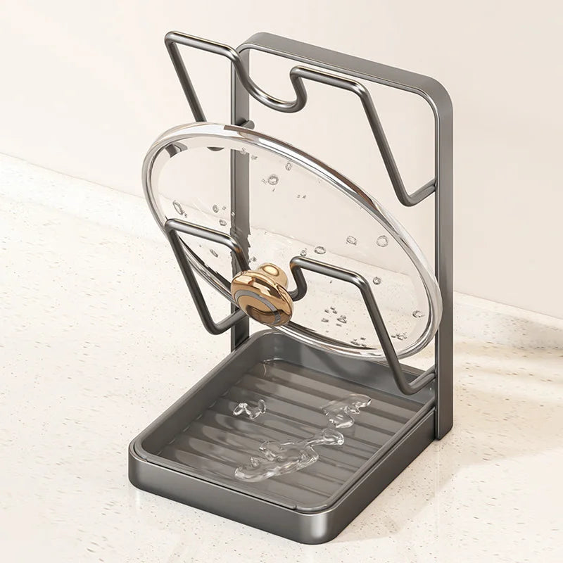 Kitchen Pot Lid Rack No Drill Pot Lid Organizer Kitchen Space Saving Countertop Organizer Rack with Drainage Tray Easy to Clean