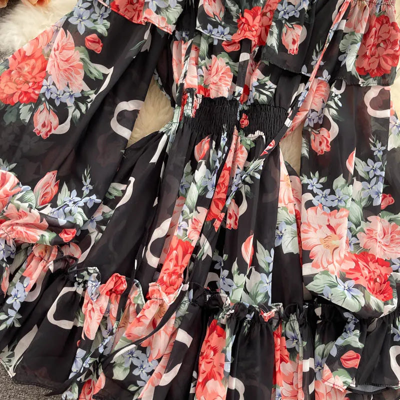 2025 New Retro Summer Beach Vacation Dress Women Sexy Strapless Lantern Sleeve Sweet Floral Jumpsuit Short Chiffon Print Dresses