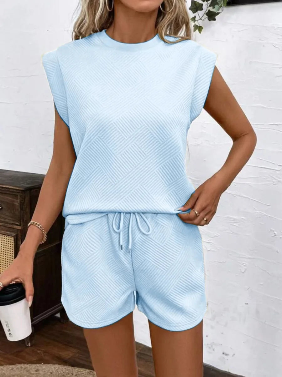 Women Shorts Pant Set Two Piece Sets Round Neck Solid Casual Loose Tops Short Pants Lace Up Elastic Waist Y2k Streetwear 2026