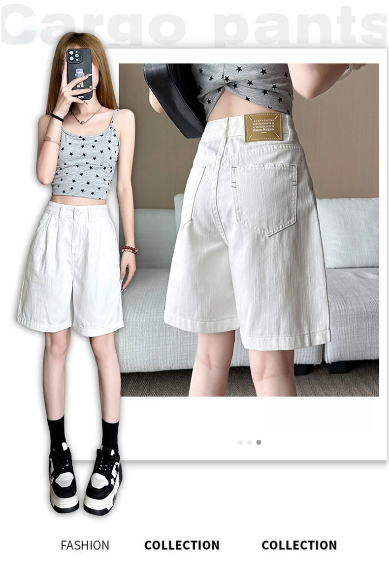 Y2K Retro Loose Casual Middle Short Jeans Summer New Women's Korean Denim Five Points Pants Ladies Fashion All Match Baggy Jeans