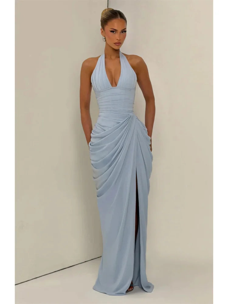 Women Fashion Solid Pleated Halter Dress Waist-cinching Sleeveless Backless Split Maxi Dresses 2026 Sexy Summer Lady Party Gowns