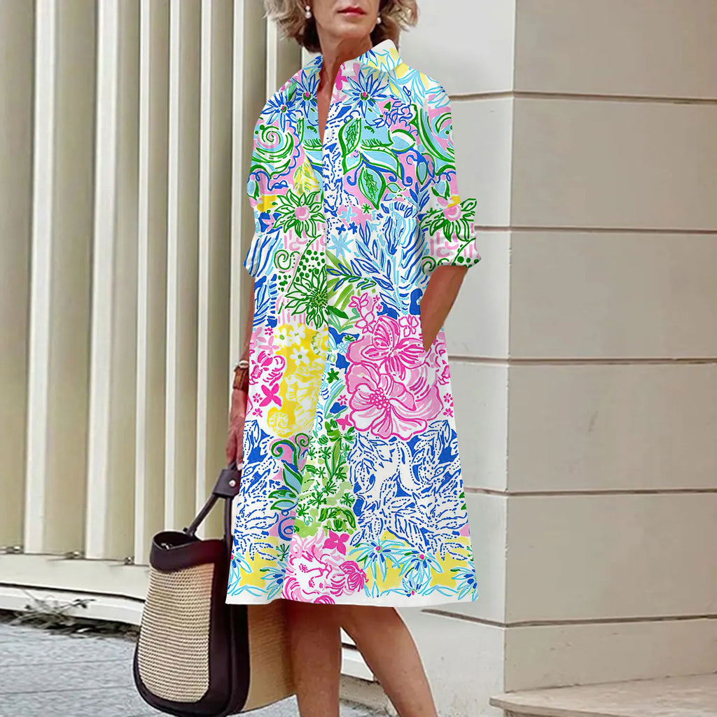 Spring and Summer Women's Dresses Fashion Lapel Printed Long Sleeve Shirt Street Shooting High Temperament New Traveling Gowns