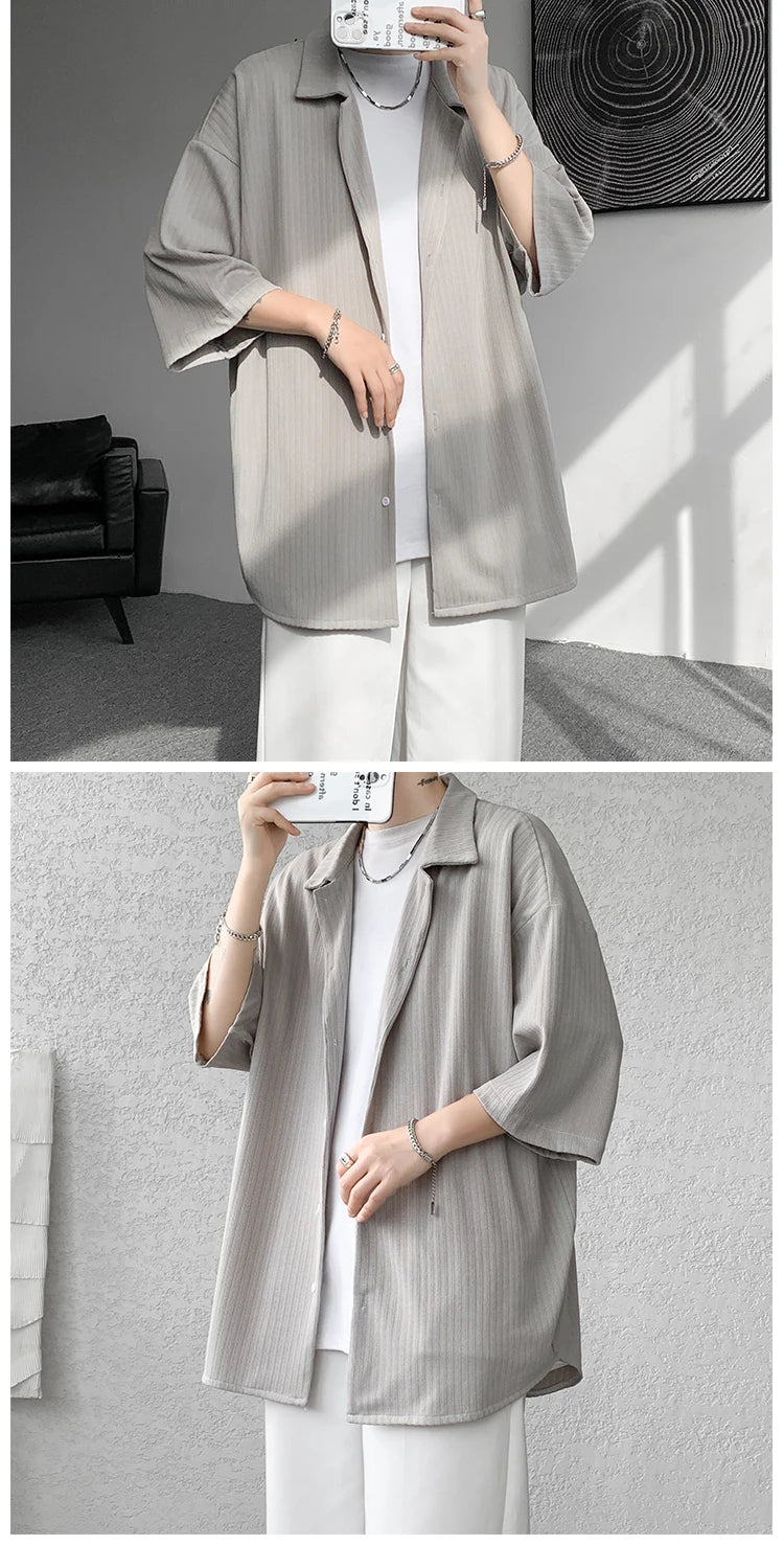 LEGIBLE Spring Summer Solid Shirts Men Casual Oversized Three Quarter Shirts Male Loose Fit Shirt for Man