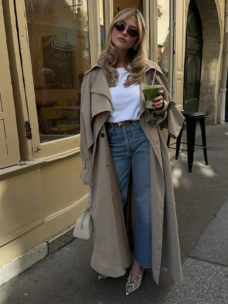 Khaki Lace Up Cape Trench Coat Loose Solid Full Sleeve Lapel Windbreaker 2026 Autumn New Fashion Commute Casual Daily Coats