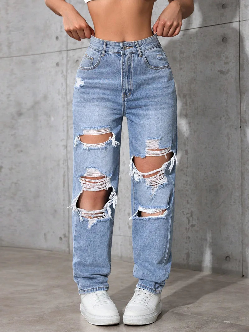 Women's High Waist Ripped Denim Jeans with Distressed Knee Holes and Straight Leg Fit for Casual Streetwear Fashion