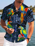 Parrot print tropical Hawaiian shirt men's casual short sleeved button down holiday beach shirt men's loose clothing