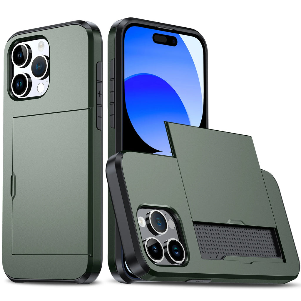For iPhone 17 Pro Max 16 Pro Max 15 Pro 15 14 13 12 Wallet Card Case Holder Slide Slot Slim Hard PC Heavy Duty Protective Covers
