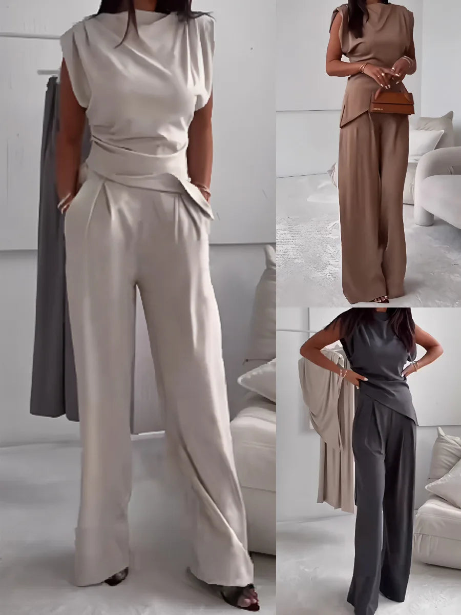 Women's Sleeveless High Waist Wide Leg Pants Set Elegant Solid Color Casual Two Piece Outfit for Summer Office Wear Fashion