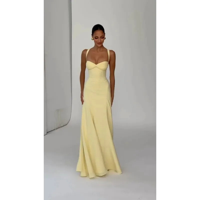 Women Yellow Low Cut Backless High Waisted Dress Lace Up Sleeveless Waist Cincher Spaghetti Strap Vestidos Party Club Women Robe