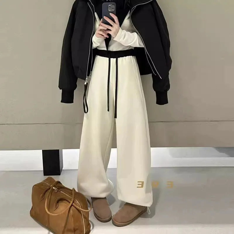 Women Drawstring Baggy Sweatpants High Waist Loose Wide Leg Curved Trousers Casual Soft Streetwear Jogger Pants for Daily Wear