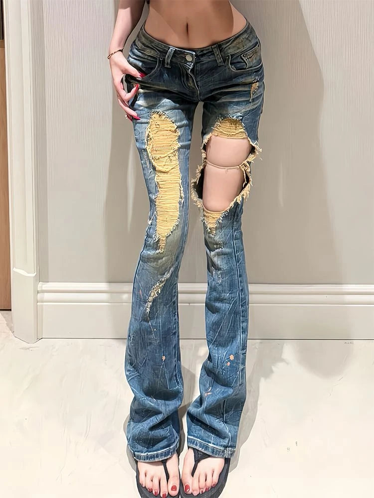 American Vintage Washed Distressed Jeans Full Length Women Streetwear Y2k Retro Low Rise Long Denim Pants Bodycon Hot Girl