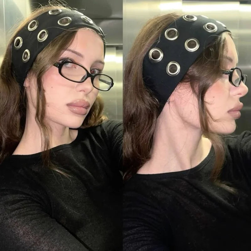 Y2K Girl Hollowed Out Wide Elastic Headband With Eyelets Punk Headwrap Rock Grunge Stretchy Headbands for Women Hair Accessories