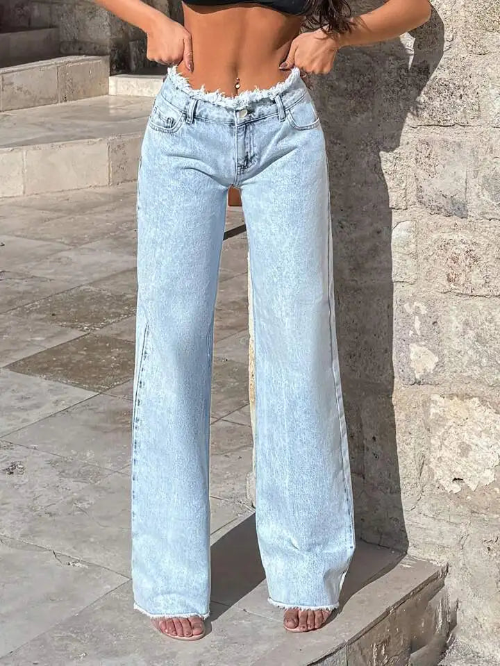 European Low Waist Frayed Wide Leg Jeans Women Light Blue Washed Loose Straight Draped Pants Vintage Floor Length Trousers