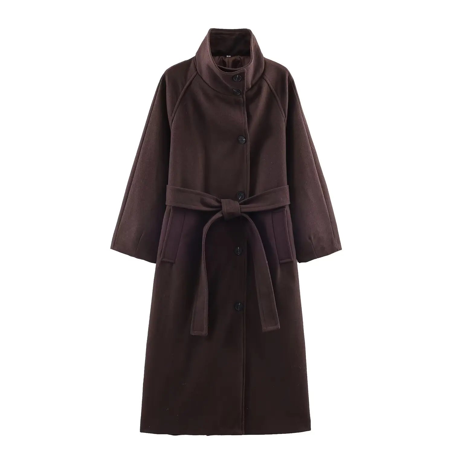 Ladies'Elegant High-End Grey Woolen Coat Women Stand Collar Single Breasted With Belt Long Coat Commut Casual High Street Coat
