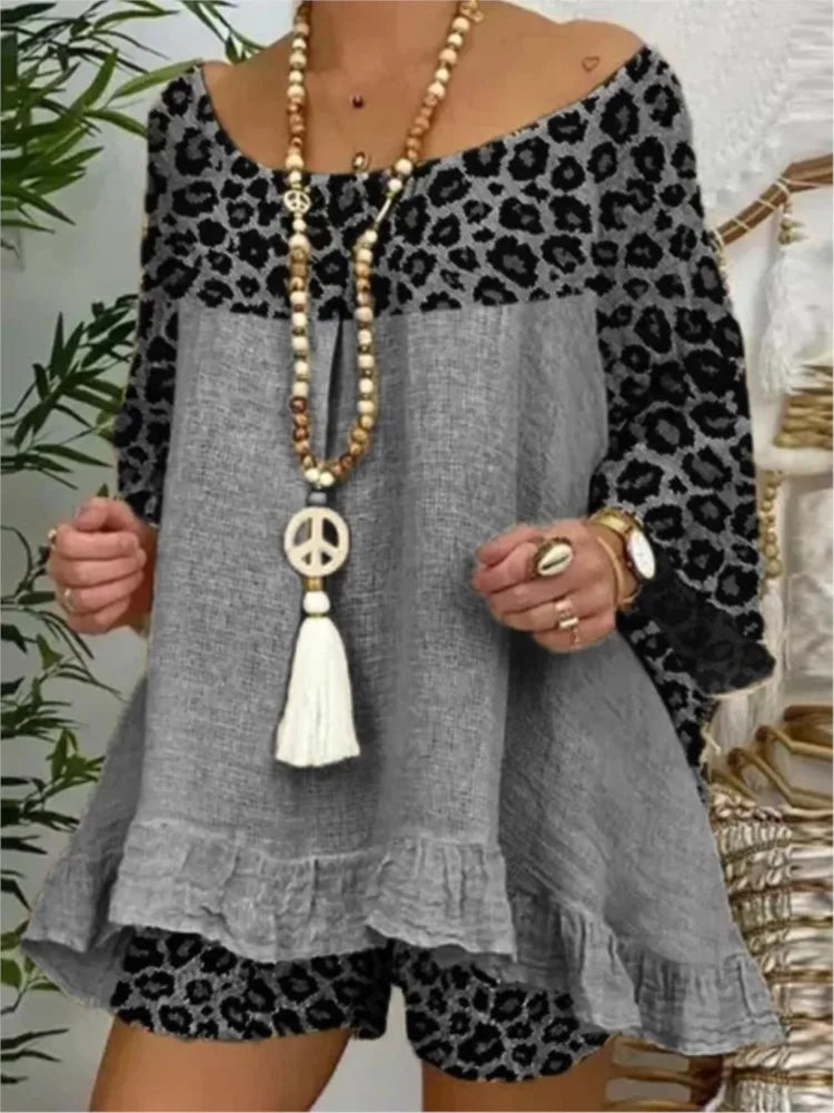 Linen Blouse Tops And Loose Shorts Suit Vintage Two Piece Set Print Sets Female Leopard Patchwork Outfit