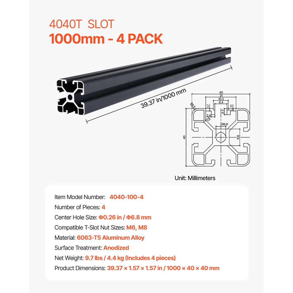 SucceBuy 4PCS 600mm/1000mm T Slot 4040 Aluminum Extrusion Profile Linear Rail for 3D Printer, CNC Machine DIY, Laser Engraving
