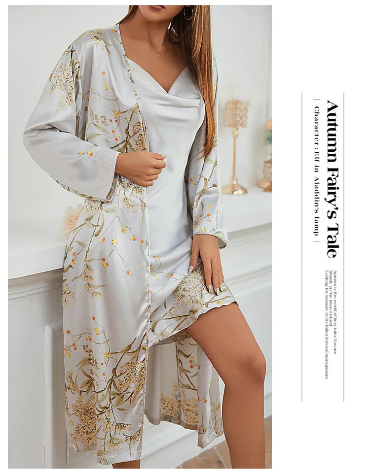 Women 4PCS Pajamas Kimono Bathrobe Nightgown Print Cherry Flower Trouser Suit Sleepwear Loose Satin Home Wear Pyjama Pour Femme