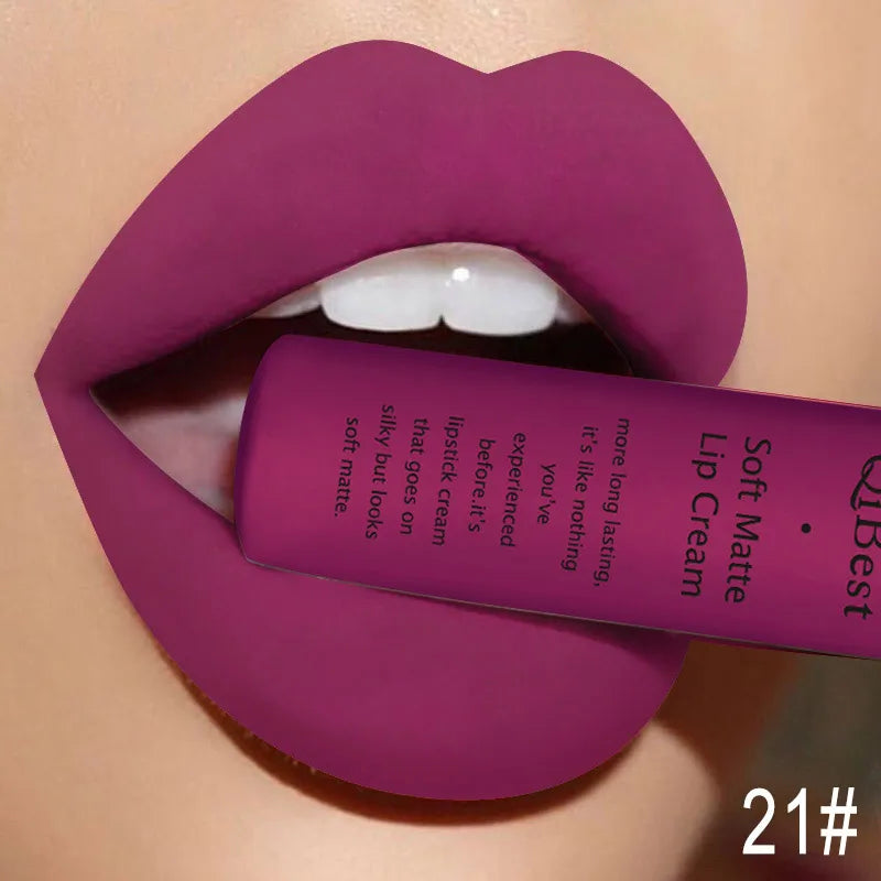 QIBEST Velvet Matte Nude Liquid Lipstick Makeup Sexy Red Lipgloss Waterproof Long-lasting Purple Black Orange Lip Stain Cosmetic