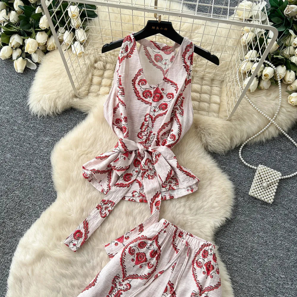 SINGREINY Boho Print Vacation Suits Summer 2026 Sleeveless Lace Up Tank Top+Loose Wide Leg Pant Chic Lazy Casual Women 2pcs Sets