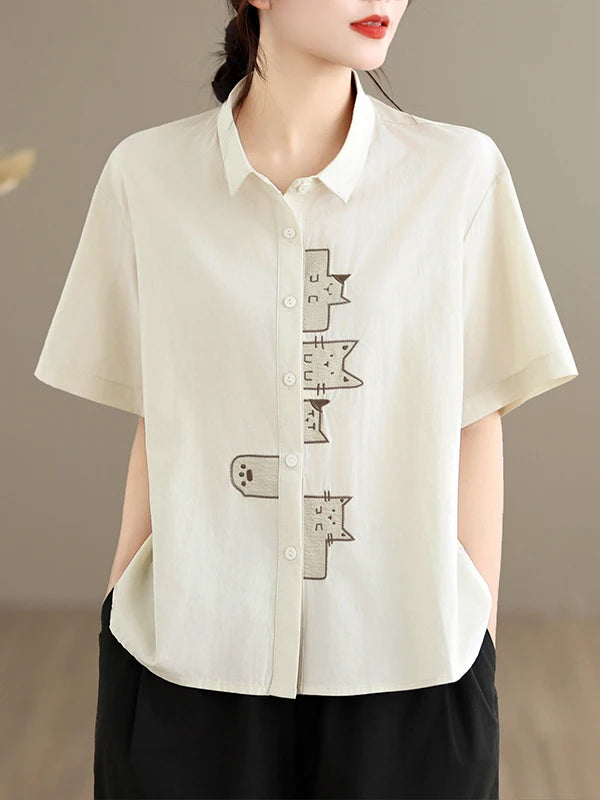Casual Style Embroidered Pure Cotton Loose Fit Short Sleeve Shirt Women's plus Size Slimming Versatile White Summer Shirt