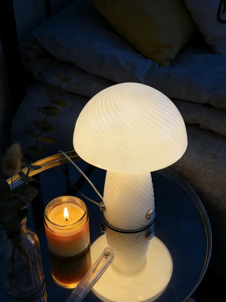 Forest Shade Glass Mushroom Table Lamp Nordic Bauhaus Ins Cream Style Girly Living Room Bedroom Bedside Ornament Ambient Night