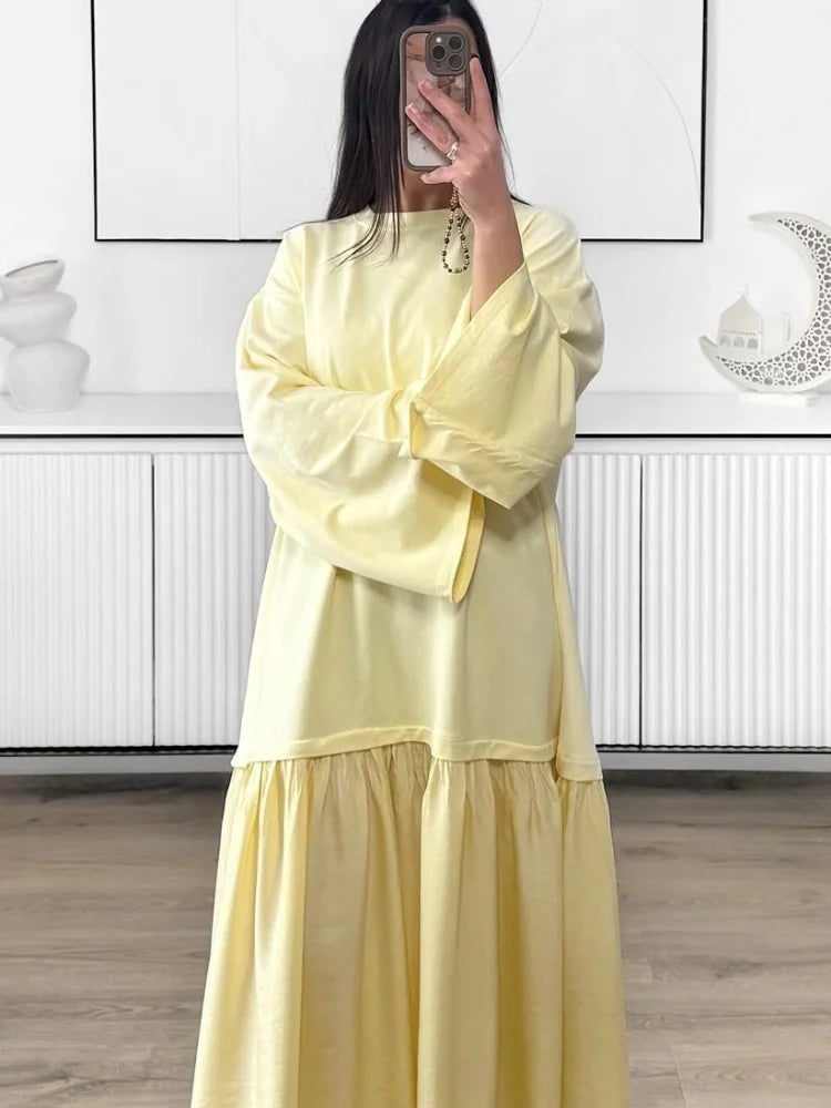 Solid Color Loose Fit Flare Sleeve Tiered Dress Crew Neck Ruffle Hem Pleated Long Maxi Dresses 2026 Spring Chic Casual Outwear