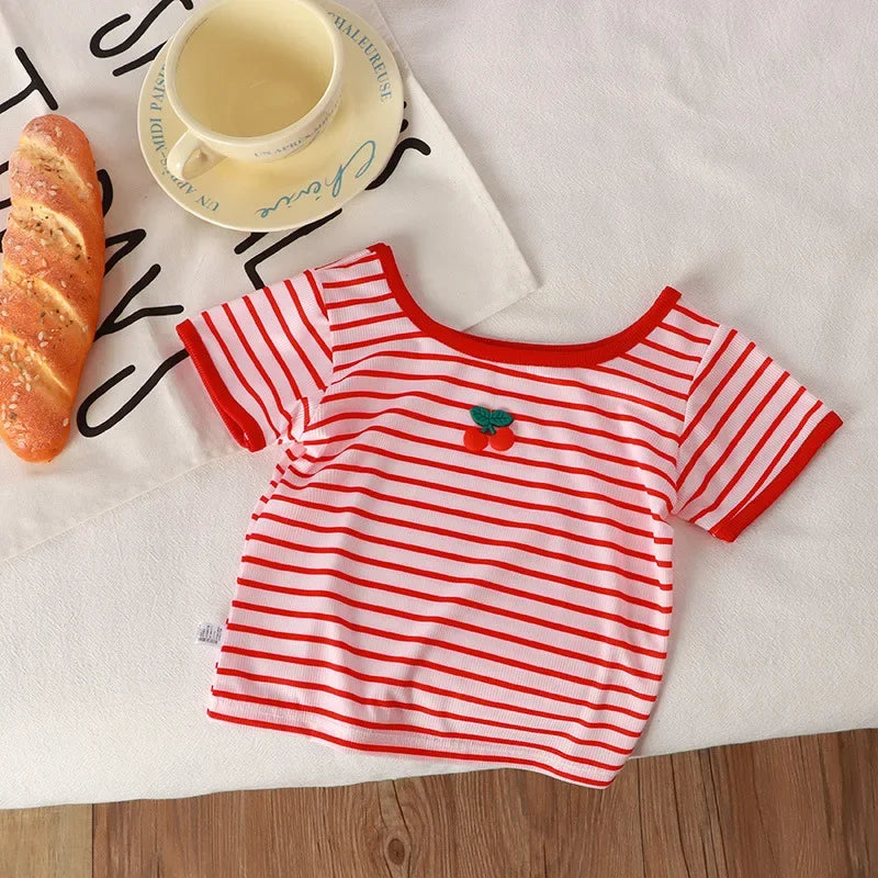 T-shirt Summer Square Collar Tops Casual Versatile Children Clothing New Baby Girls Tees Short Sleeve
