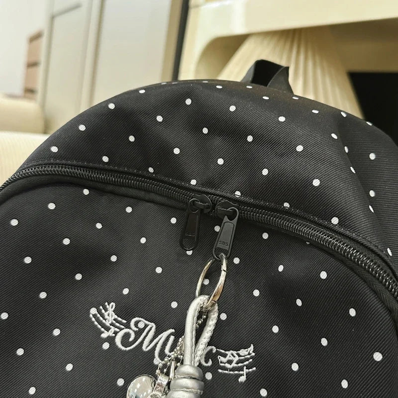Polka Dot Piano Keyboard Backpack Back-to-school Girl Music Theme Embroidered Nylon Backpack Large Capacity Lightweight Backpack