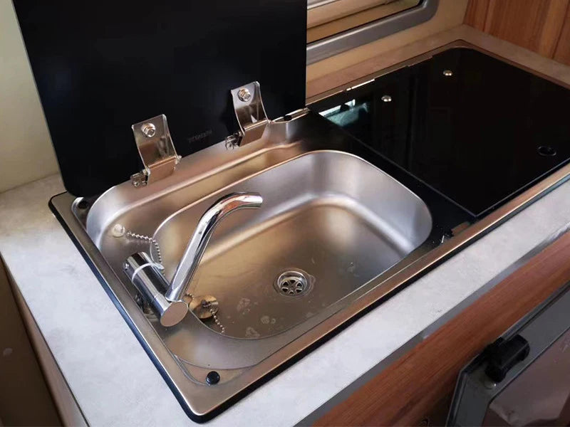 RV Kitchenware Accessories Caravan Wash Sink With Induction Cooker Single Burner Gas Stove With Tempered Glass Lid