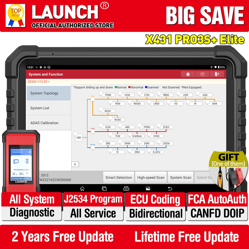 LAUNCH X431 PRO3S+ ELITE Bidirectional Scan Tool J2534 Program All System Diagnostic Scanner Topology All Service Online Coding