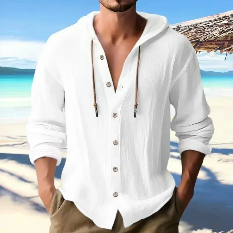 Summer Men's Linen Shirt Solid Streetwear Long Sleeve Hoodie Cardigan Clothing For Men Button Tops Casual Loose Men Hooded Shirt