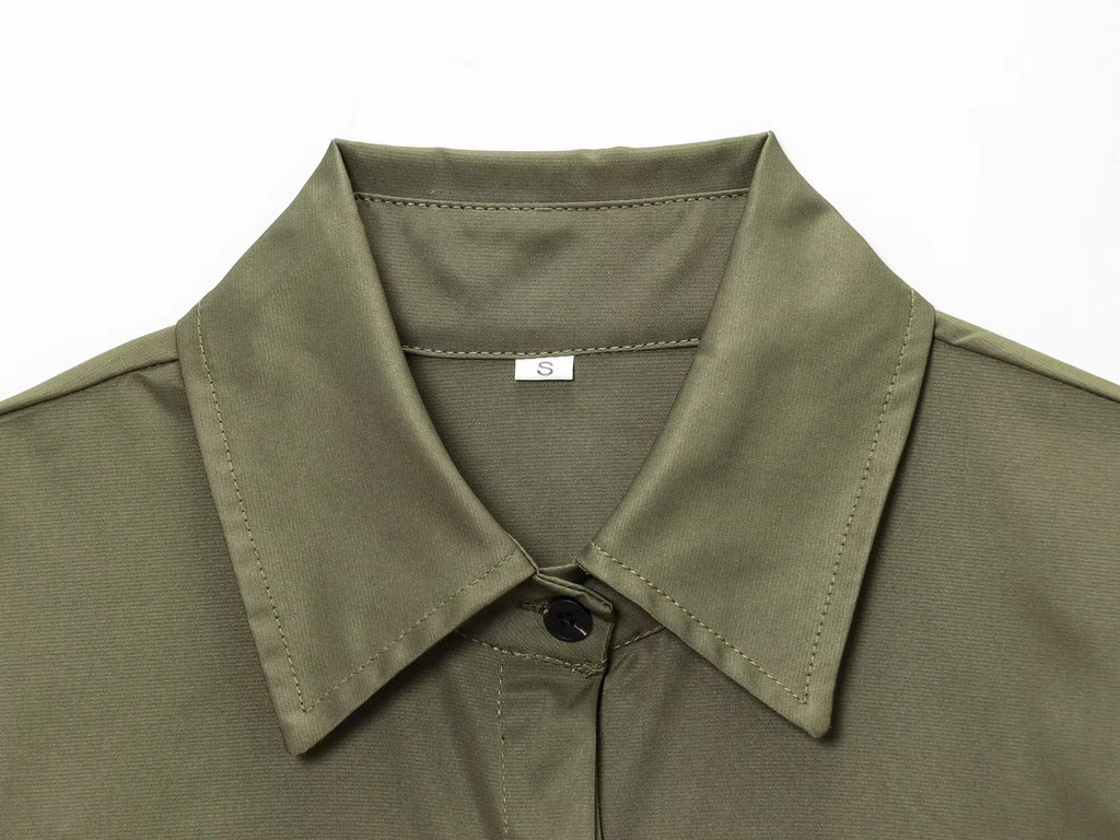 HH Women Summer Solid 2-Piece Set Button Pocket Decoration Short Sleeve Lapel Shirts+High Waist Pleated Zipper Casual Shorts
