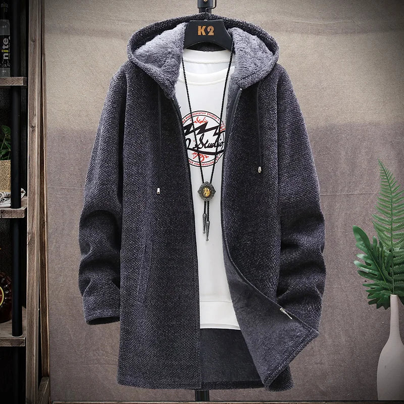 Men's Knitted Sweater Cardigan Thickened Fleece Hooded Casual Style Warm Outerwear Autumn Winter New Arrival Korean Version