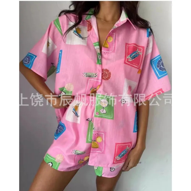 Women Summer Fashion Shorts Sets Retro Print Sleeve Shirt Shorts Suit New Casual Loose Female Beach Vacation Shorts 2 Piece Set