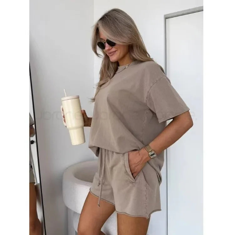 Simple Basic Shorts Set Solid Color Casual Comfortable Loose Temperament Daily Versatile Two-piece Set For Women 2026 Summer