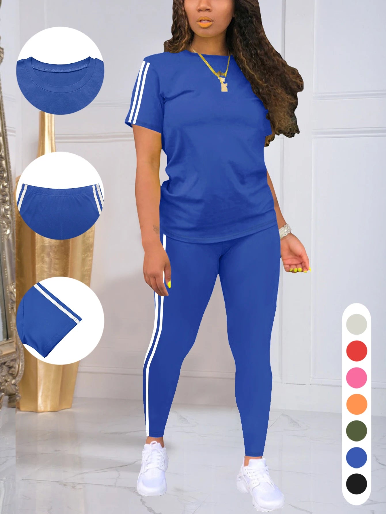 Women's Side-Striped Summer Sportswear Set Short Sleeve Long Pants Breathable Base Layer Clothing Colorful Casual Outfit