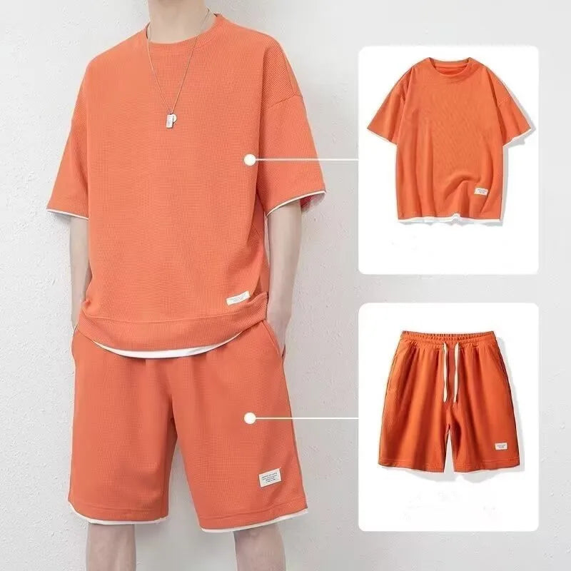 Summer Solid Waffle Tracksuits 2026 Men's Short Sleeve Shorts Casual Two Piece Sets Loose Breathable Men Clothes Joggers Outfits