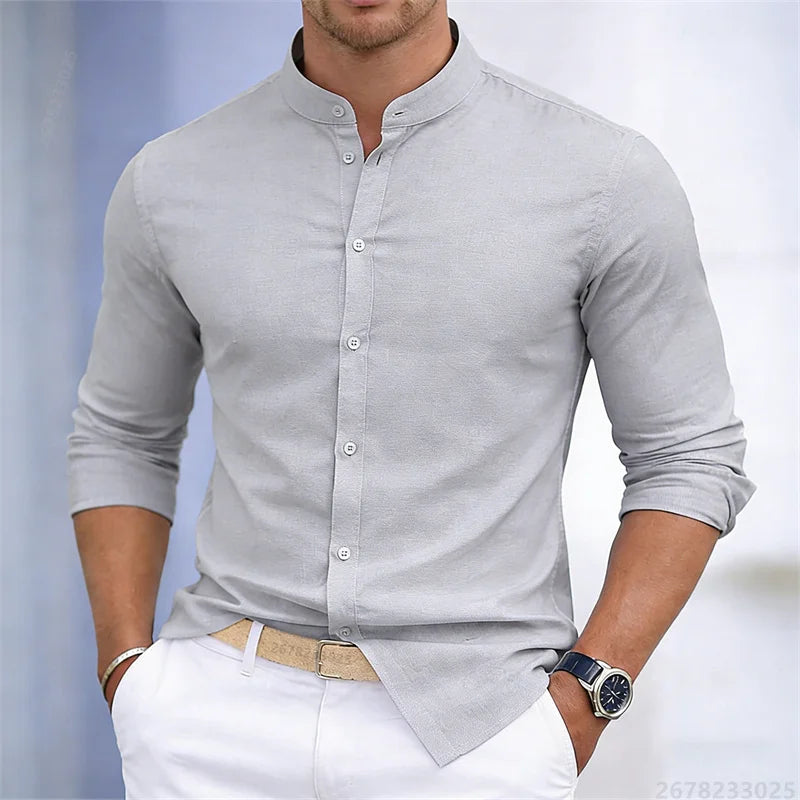 Men's stand-up collar white or black long-sleeved shirt, solid color shirt, slim fit business casual men's top, sizes XS-6XL.