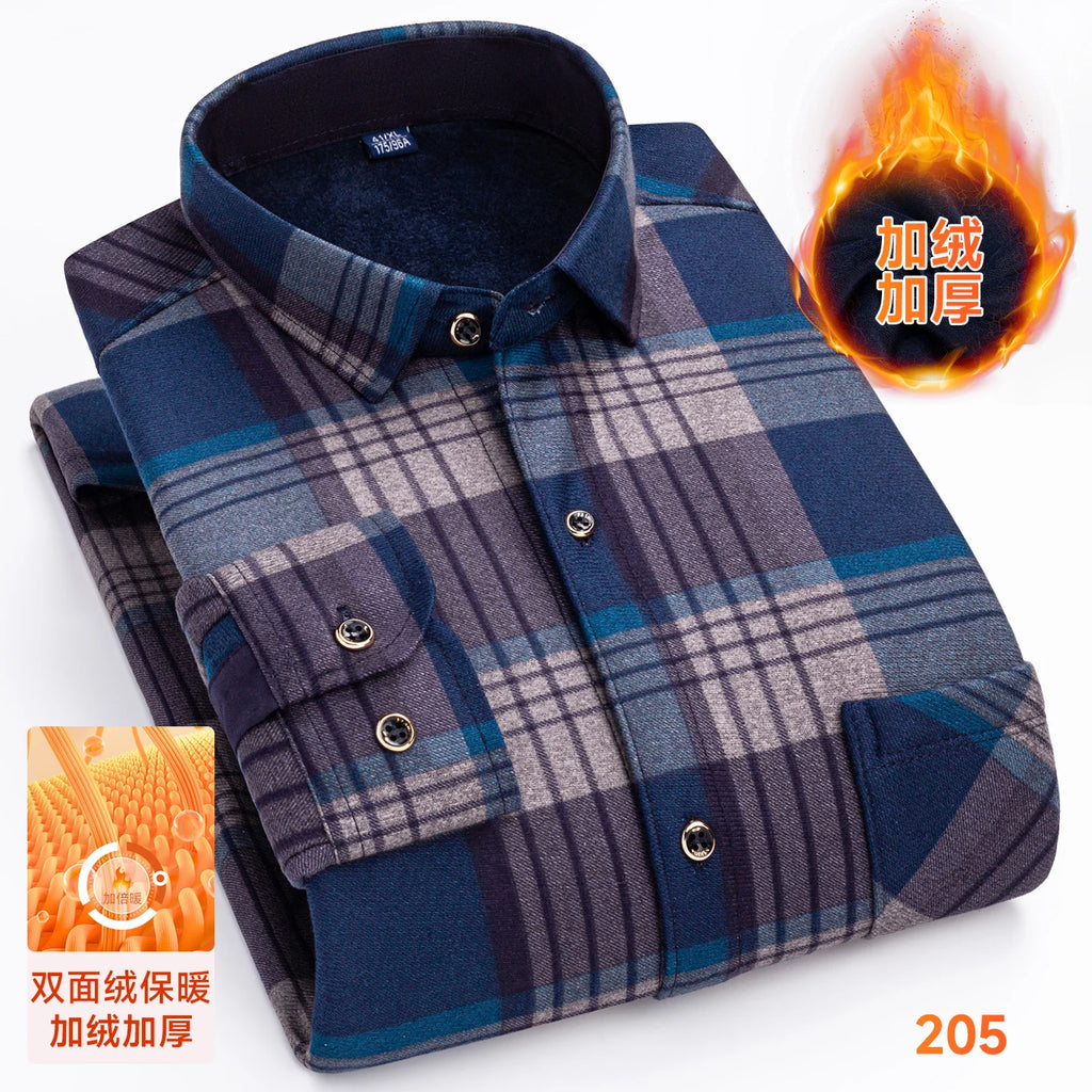 2025 Men's Winter Warm Shirts Long Sleeve Plaid Print Flower Autumn Thickened Fleece Street Trend Casual Dress Shirts 8XL 7XL