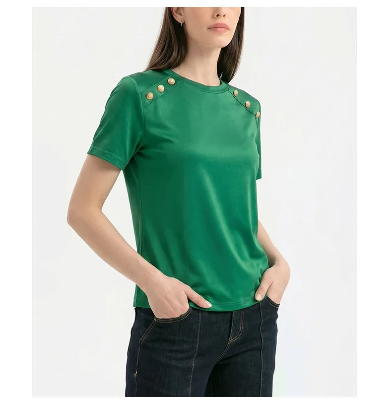 Fashionable Short Sleeve T-Shirt Women's Slim Fit Solid Color Summer 2026 Casual round Neck Polyester Blend Top